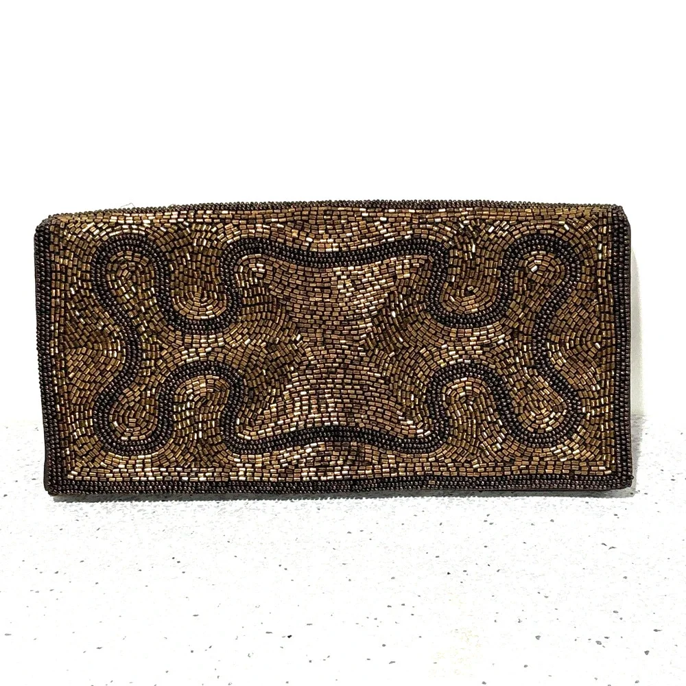 Vintage Magid Hand Beaded Evening Bag Clutch Purse Made in France Coppery Brown